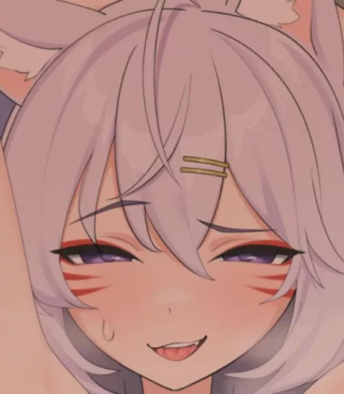 Color, 1girl, vtuber, light purple hair, purple eyes, sweating, smug, hairclips, foxgirl, Flipsie, one raised eyebrow
