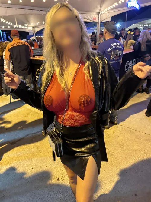 How about some leather studded pasties, sheer lingerie, and a leather skirt! It happened at Daytona Bike Week this year [image]