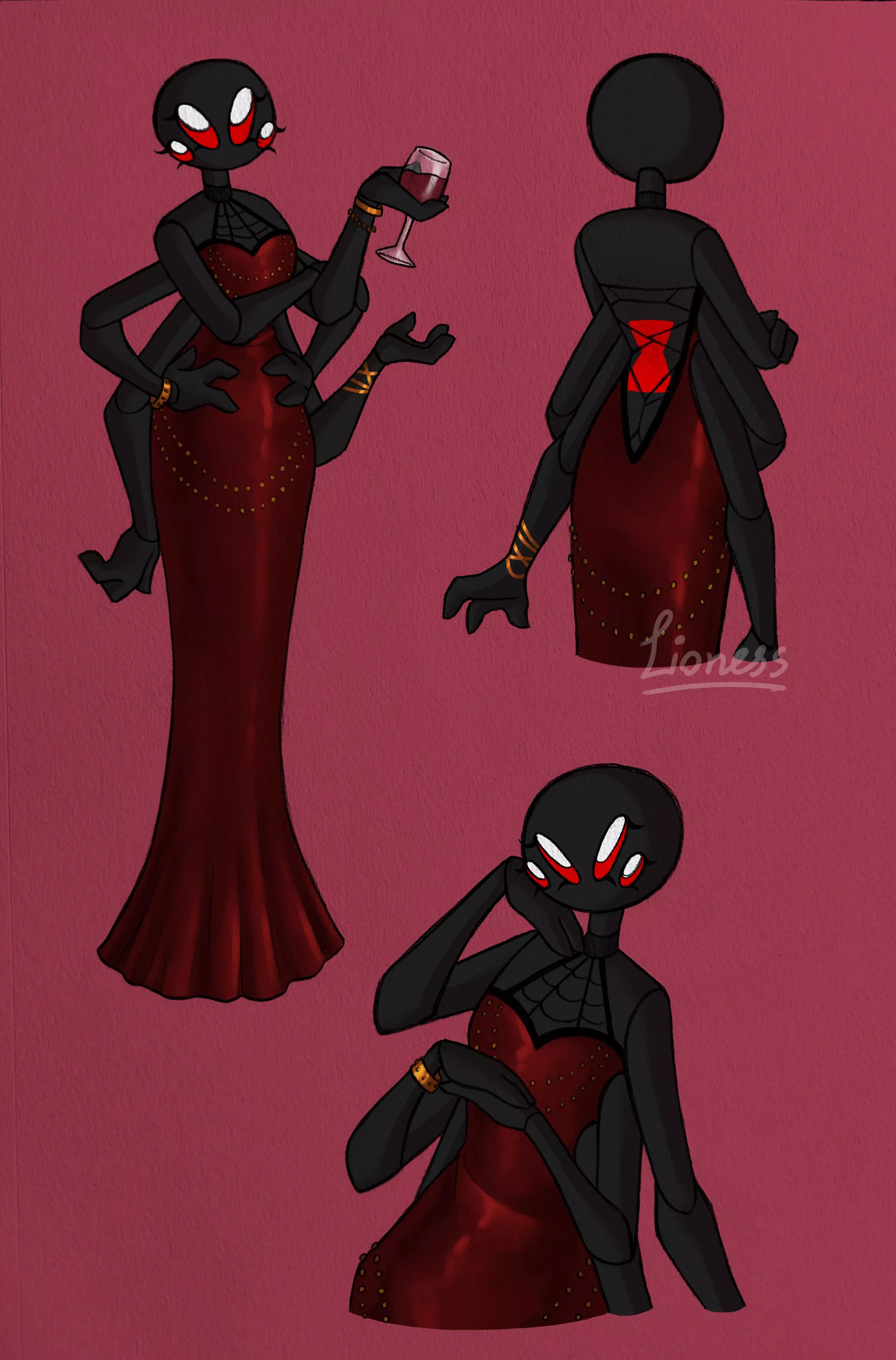 I drew my black widow OC, Nancy, in this dress just to show off the hourglass marking