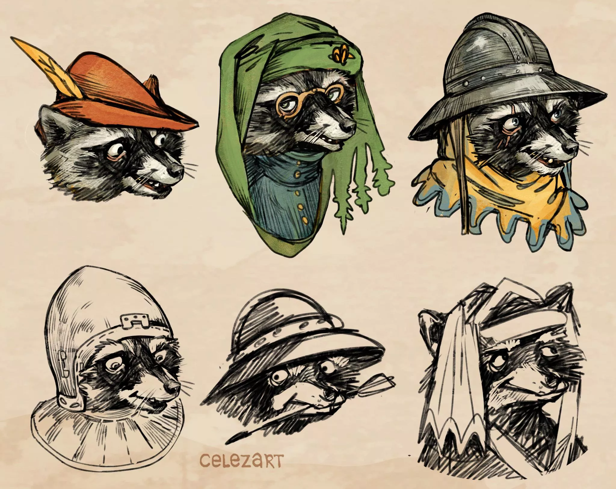 Heads of medieval racoon for art commission I'm drawing