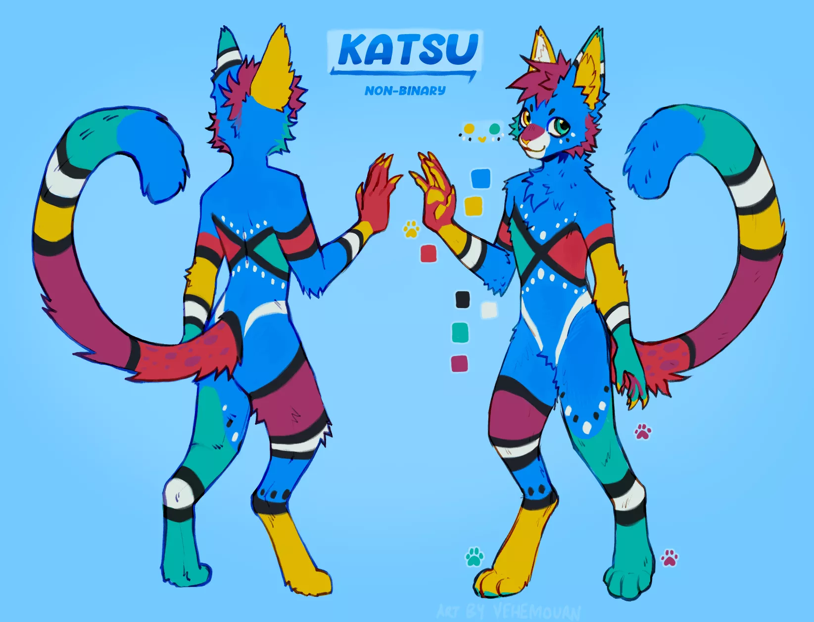 Say hello to my new cat sona Katsu! (art by vehemourn on Discord)