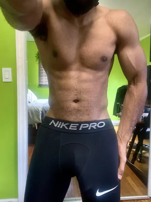 Even compression shorts can’t hide him
