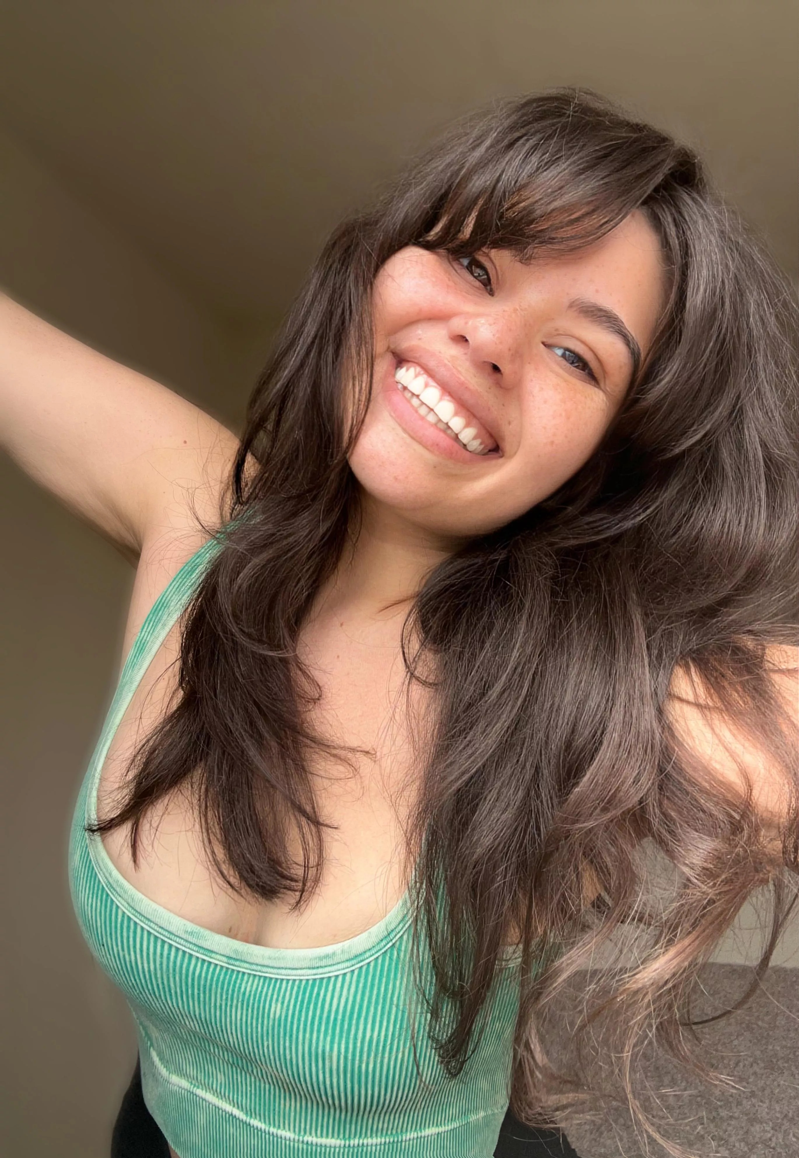 Big natural smile, featuring my overbite that I’m insecure about 