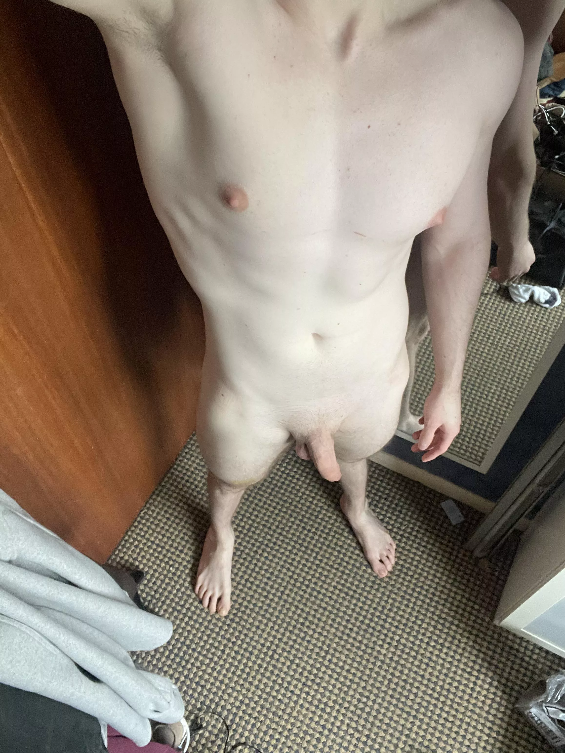 Unclothed, no locked cock and no leather or toys on me what do you think?