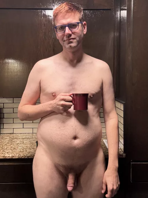 Fat naked guy having coffee. Anyone want to join?