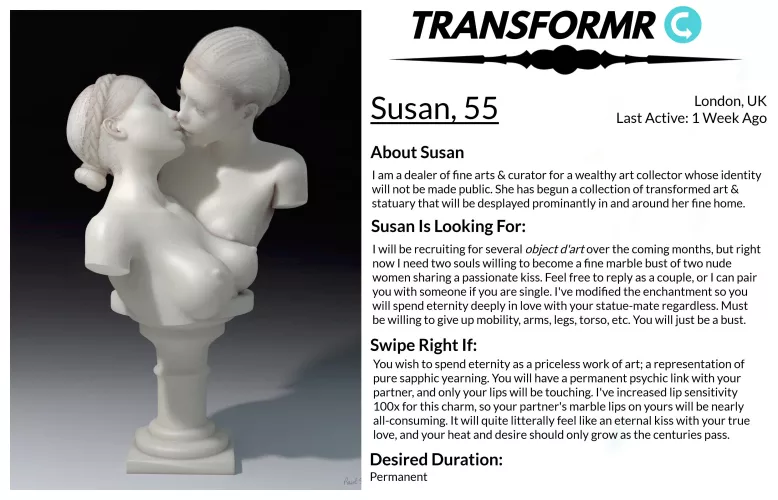 Transformr Profile: Susan [Caption, Inanimate, Petrification, Statue-TF] by SloaneIvy