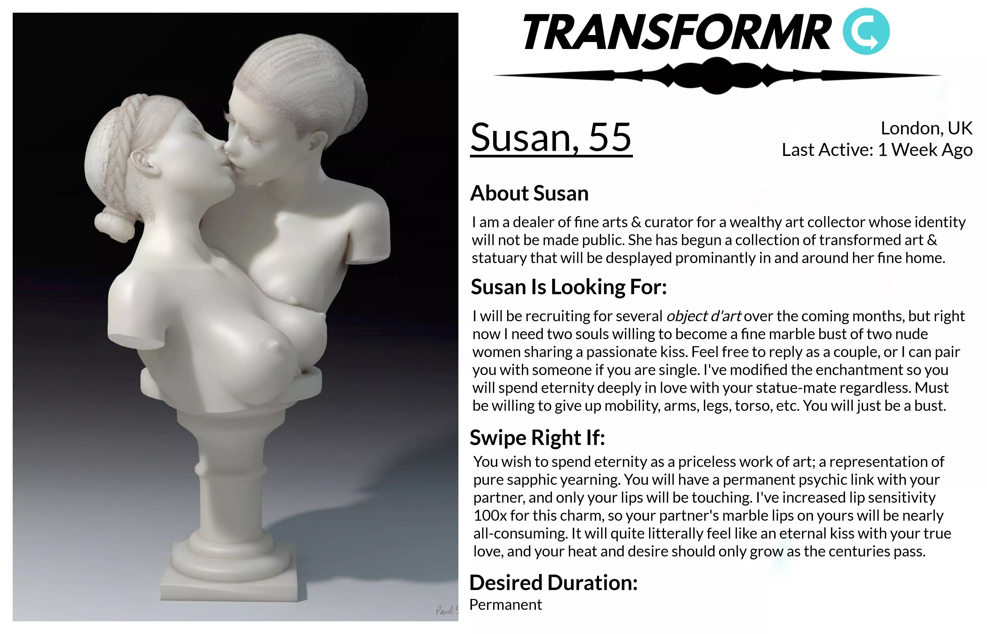 Transformr Profile: Susan [Caption, Inanimate, Petrification, Statue-TF] by SloaneIvy