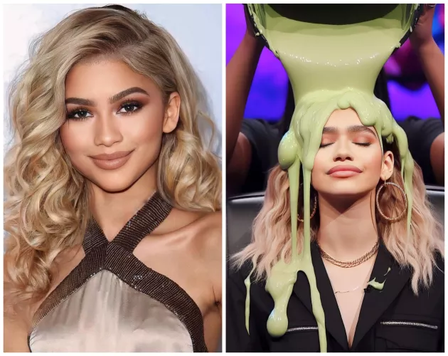 Blonde Zendaya covered in cake batter green slime 😍🤤