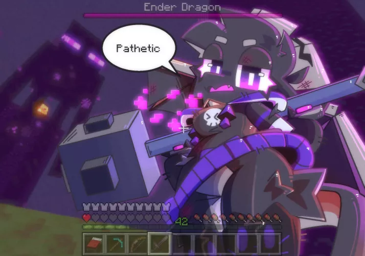 I missed the jump shot with my mace on the ender dragon in Minecraft and now she's laughing at me how do I uninstall the game alt+f4 isn't working pls help (art by me @fridgenstuffs on twitter)