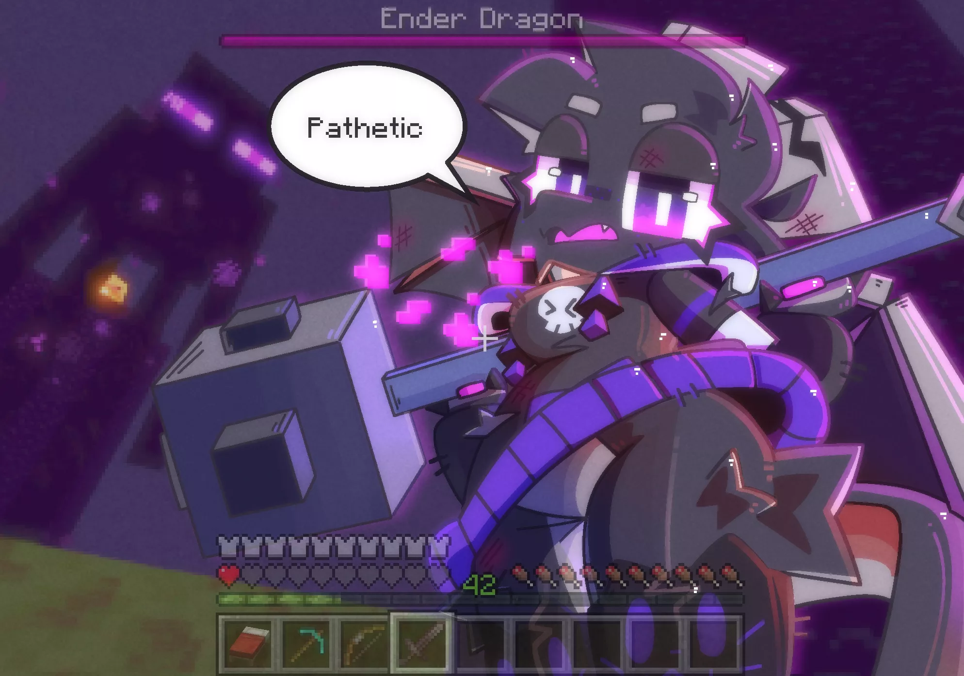 I missed the jump shot with my mace on the ender dragon in Minecraft and now she's laughing at me how do I uninstall the game alt+f4 isn't working pls help (art by me @fridgenstuffs on twitter)