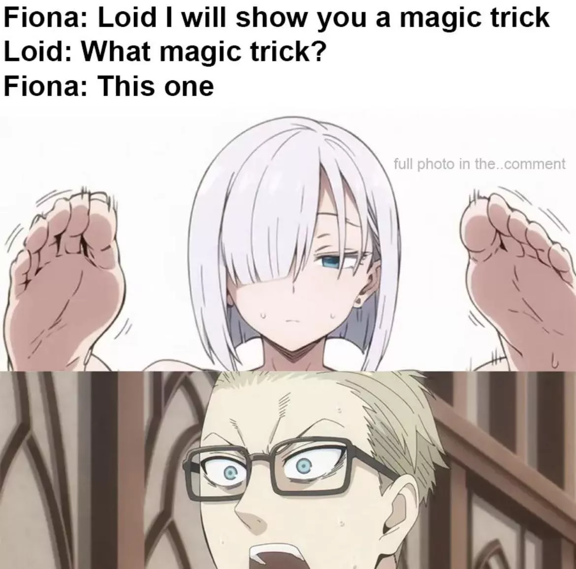 LF Color source: “Fiona: Loid I will show you a magic trick Loid: What magic trick? Fiona: This one”, meme, 1girl, agentNightfall, Twilight, feet, white_hair, blue_eyes, feet_twitch, sweat, side_fringe, earrings, light_skin, looking_at_viewer, poker_