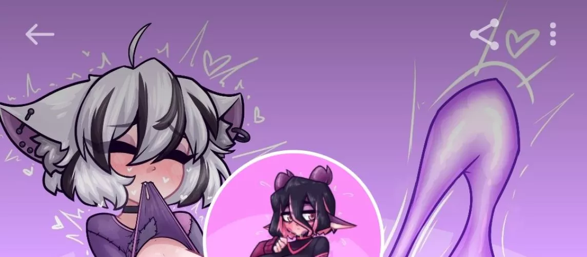 Color 1girl 2girls ahoge animal_ears black_hair cat_girl closed_eyes fang futa/futanari grey_hair hair_between_eyes horns implied_masturbation mouth_hold pink_hair purple_background shirt_in_mouth short_hair sleeves_past_wrists stitched_shirt streaked_ha