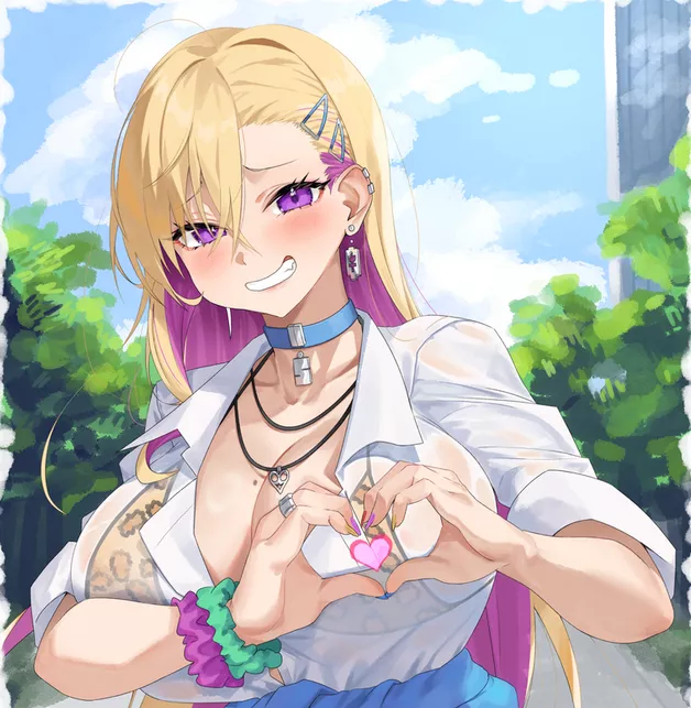 Color 1girl blonde_hair_between_eyes clenched_teeth collar colored_inner_hair crossed_bangs_pinned_back ear_piercing earrings gyaru hairclip heart_hands large_breasts leopard_print looking_at_viewer mole_on_breast necklace pink_hair purple_eyes scrunchie Color 1girl blonde_hair_between_eyes clenched_teeth collar colored_inner_hair crossed_bangs_pinned_back ear_piercing earrings gyaru hairclip heart_hands large_breasts leopard_print looking_at_viewer mole_on_breast necklace pink_hair purple_eyes scrunchie