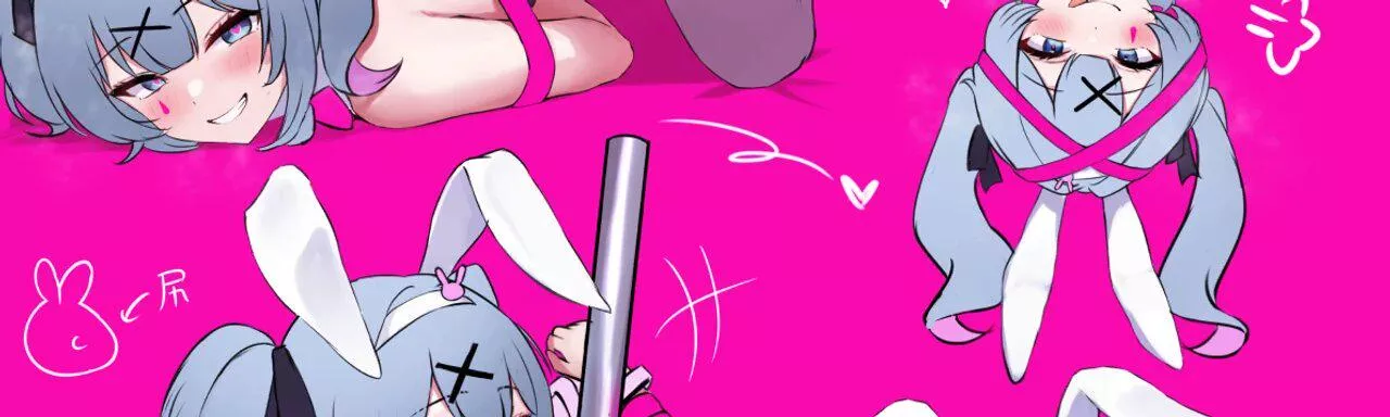 Color 1girl :q bangs bare_shoulders blue_eyes blue_hair bondage bunny_ears/rabbit_ears clenched_teeth crop hair_ribbon hairband hatsune_miku heart-shaped_pupils looking_at_viewer multiple_views pink_background playboy_bunny sfx smile teardrop_tattoo tong
