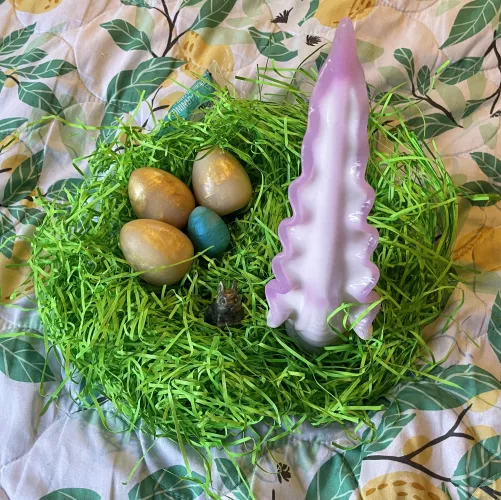 happy easter!! (eggs from Fantasticocks, whos running 50% eggs on their etsy page! and dyed egg Scylla) 🥚🐇