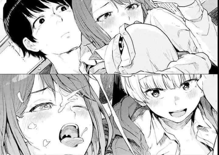 Mono 1boy, 1girl, 2girls, black hair, blunt bangs, bra, close up, cum on face, ejaculation, face, from below, hoodie, large breasts, light hair, looking at another, one eye closed, open mouth, open shirt, projectile cum, short hair, tongue out, undressin