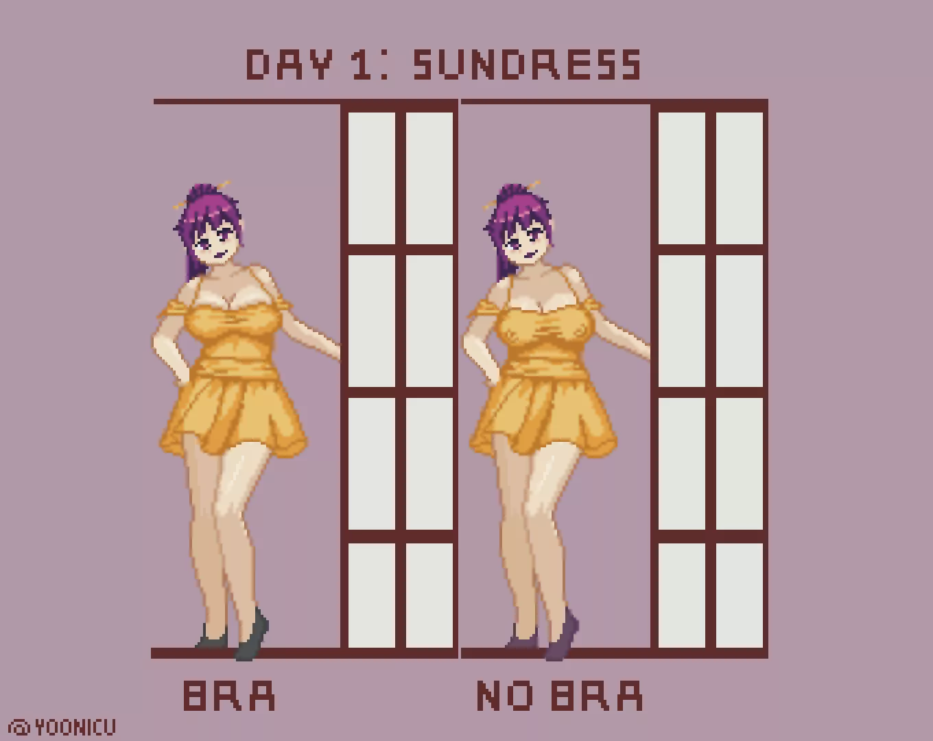 Practicing drawing clothes with and without bra in pixel art using my OC Maya as a model.