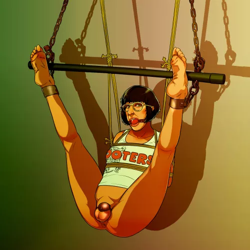 Feminized Hooters waitress locked and on display