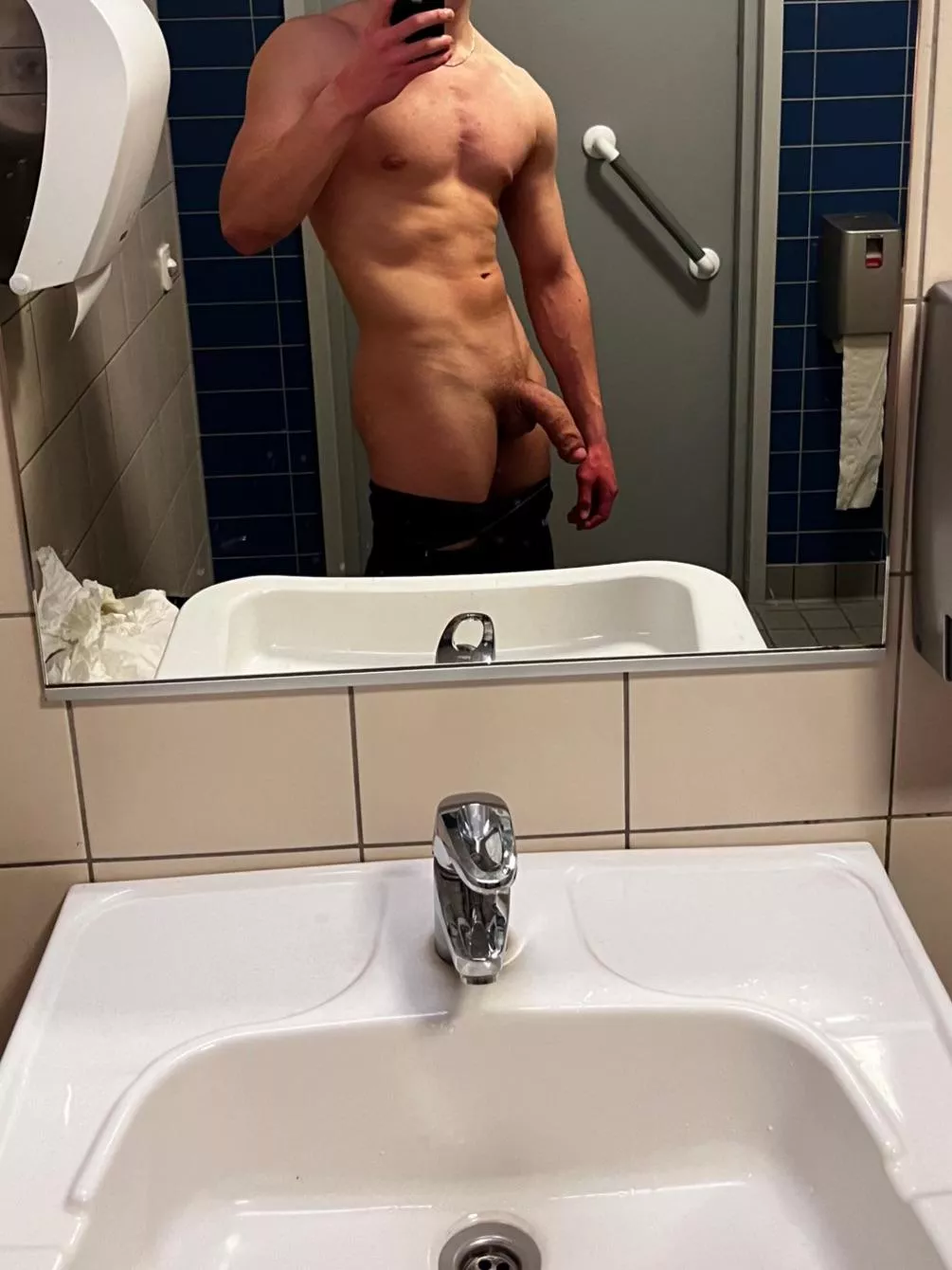 In the gym bathroom