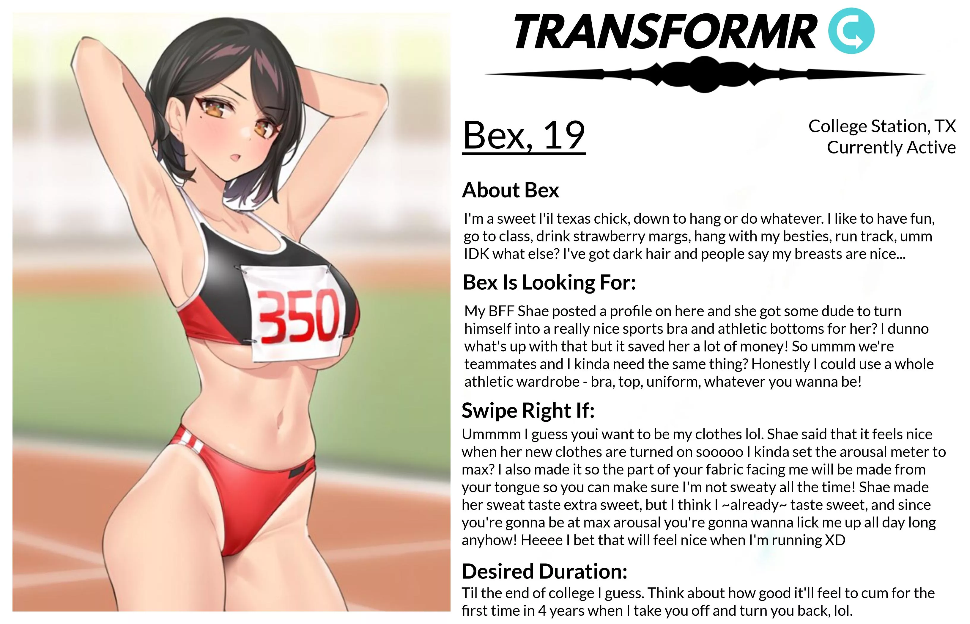 Transformr Profile: Bex [Caption, Inanimate, Clothing-TF] by SloaneIvy