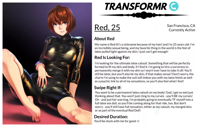 Transformr Profile: Red [Caption, Inanimate, Clothing-TF] by SloaneIvy