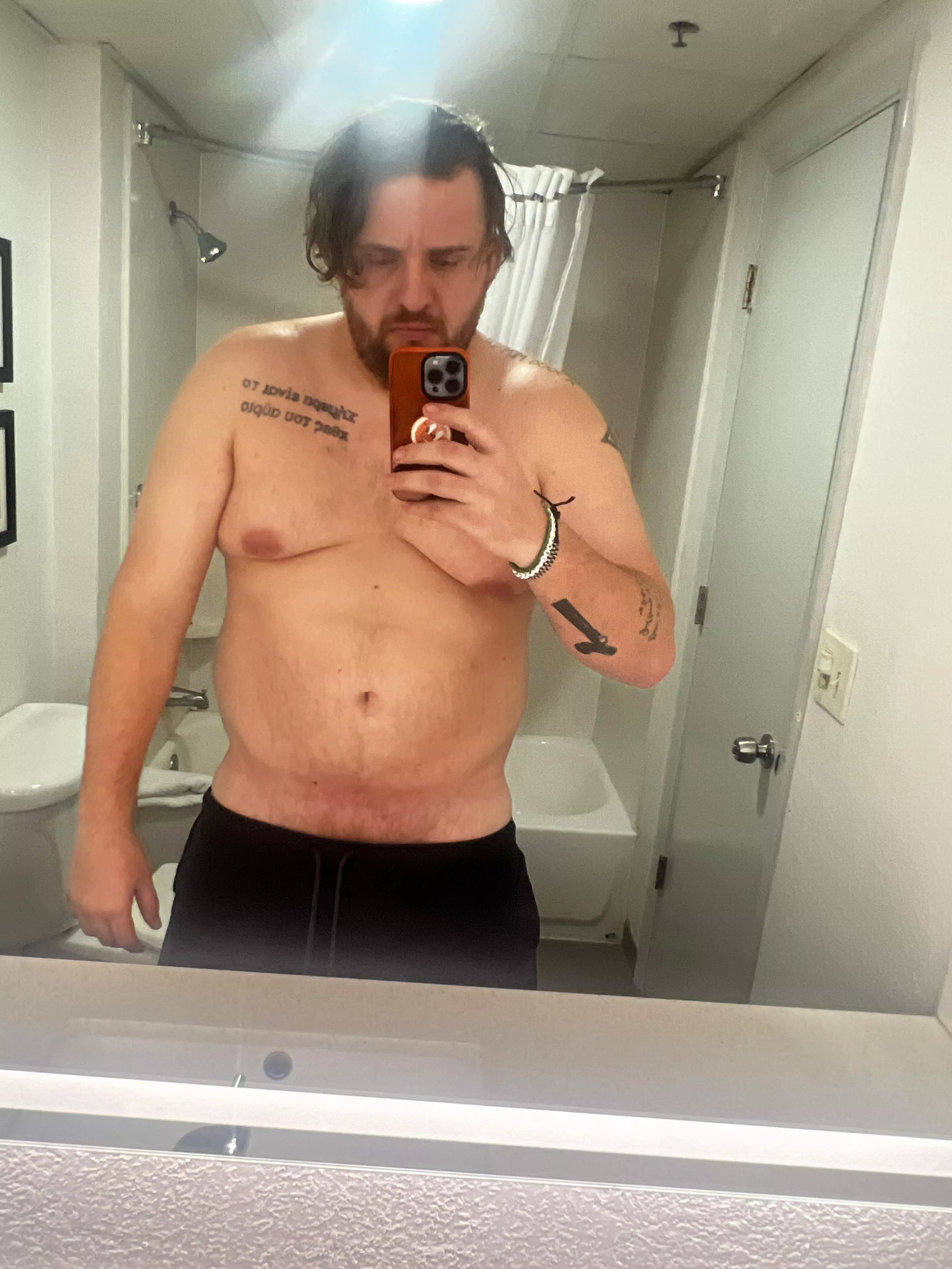 (M) 31, Post workout shower. Just getting back into the gym! Don't feel that confident most of time so this is a huge step. How did I do?