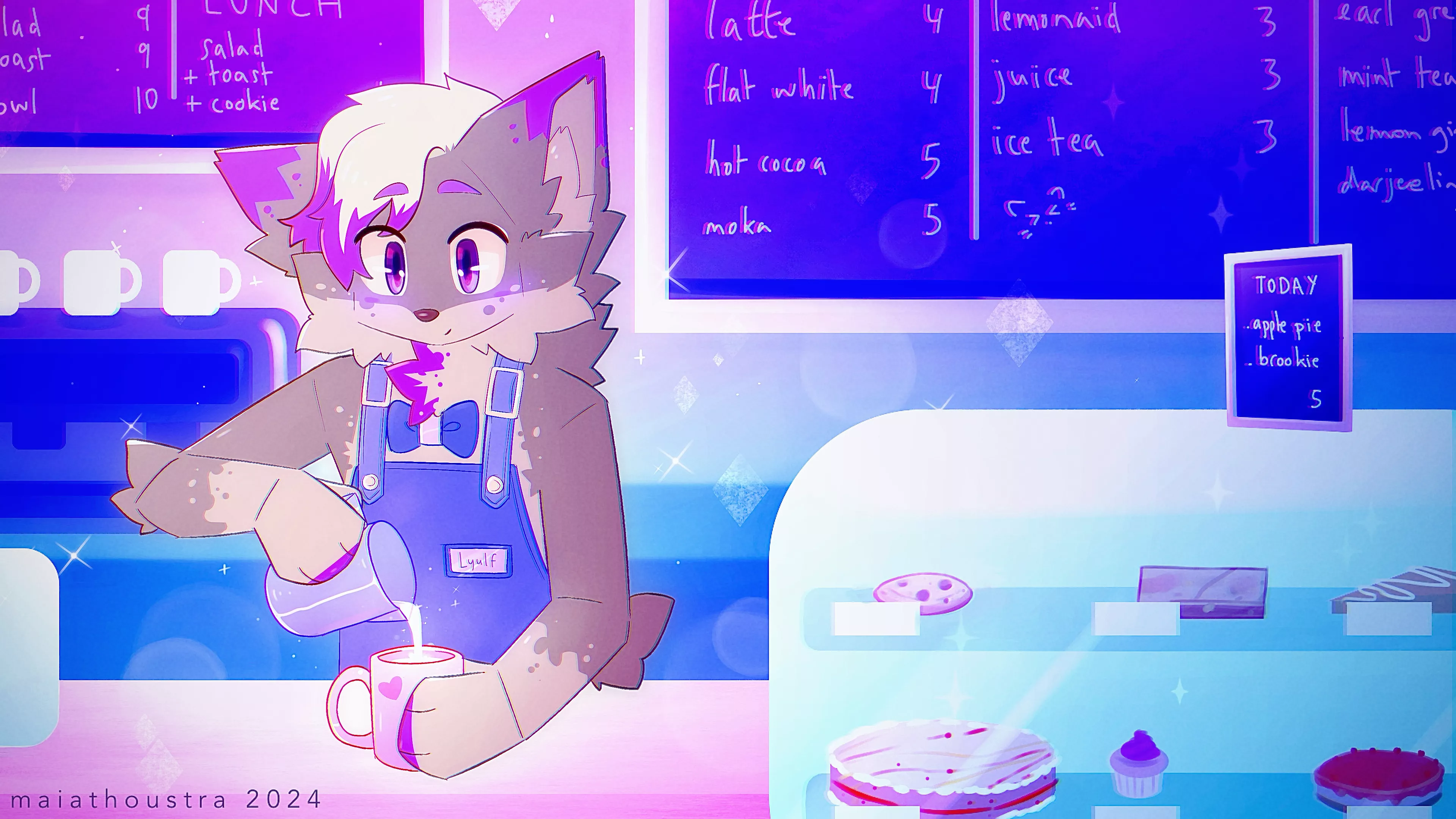 Fluffy barista ~ for Purple_Folf, art by me @maiathoustra