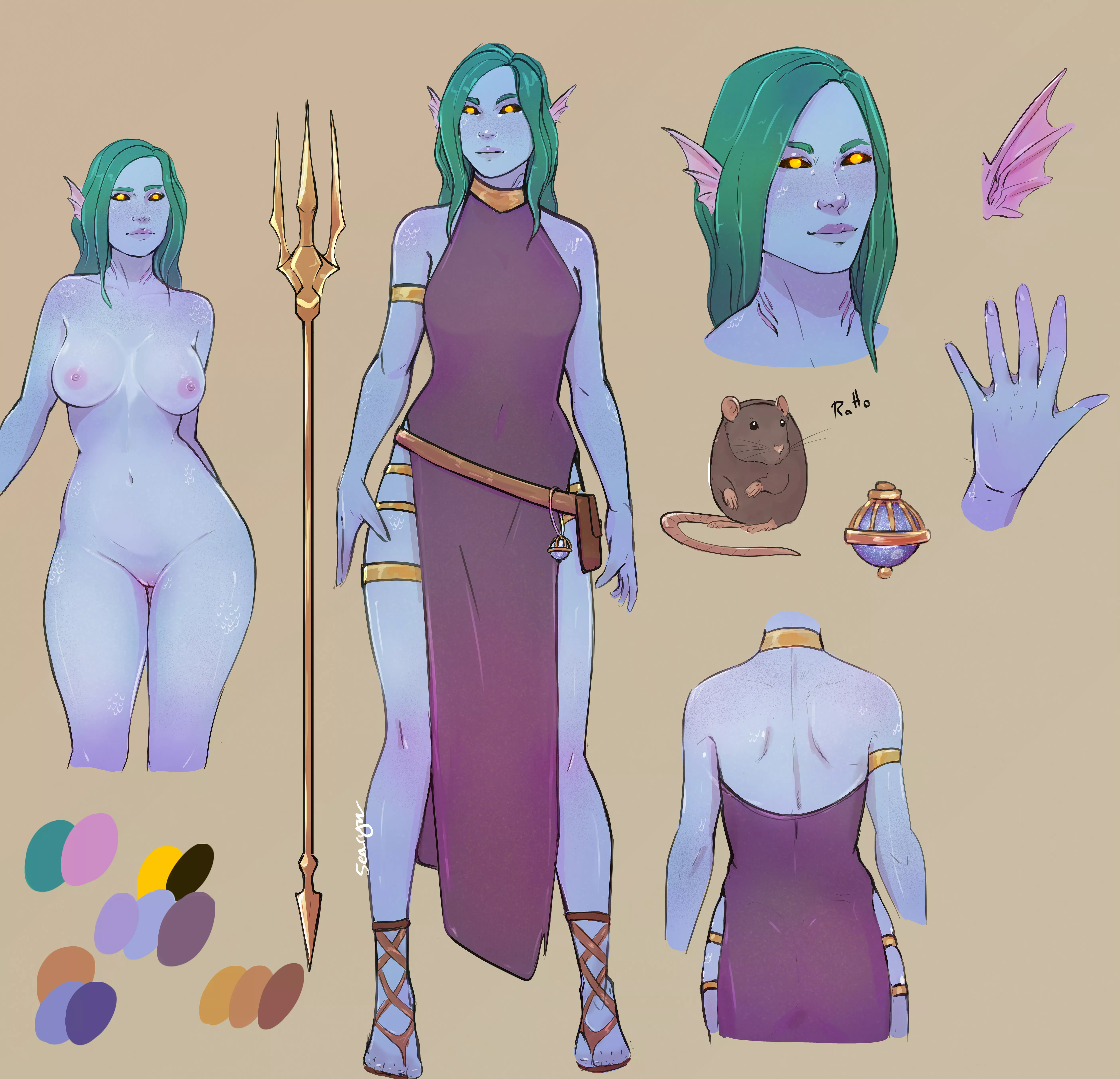 Updated reference sheet for my DnD character (Triton, druid, Circle of the Stars)