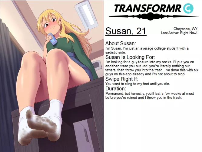 Transformr Profile: Susan [Inanimate, Caption, Clothing, Socks-TF] by TransformedDestiny
