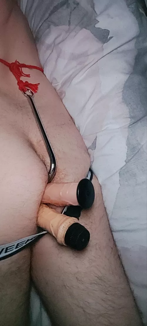 2 huge dildos and anal hook in my ass with sexy black panties on 