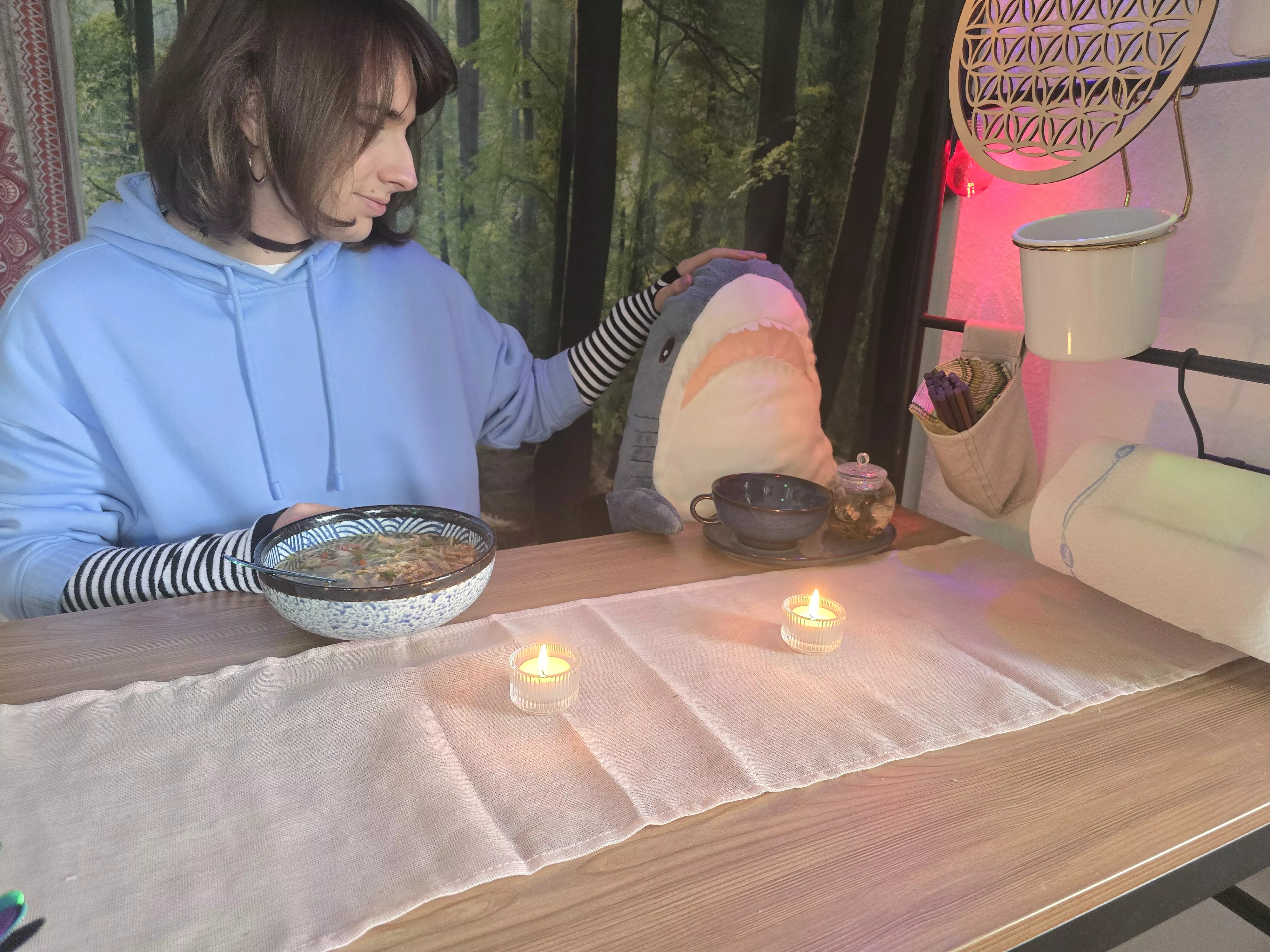 eating a healty soup and drinking tea with blahaj cuz no one is free XDDD