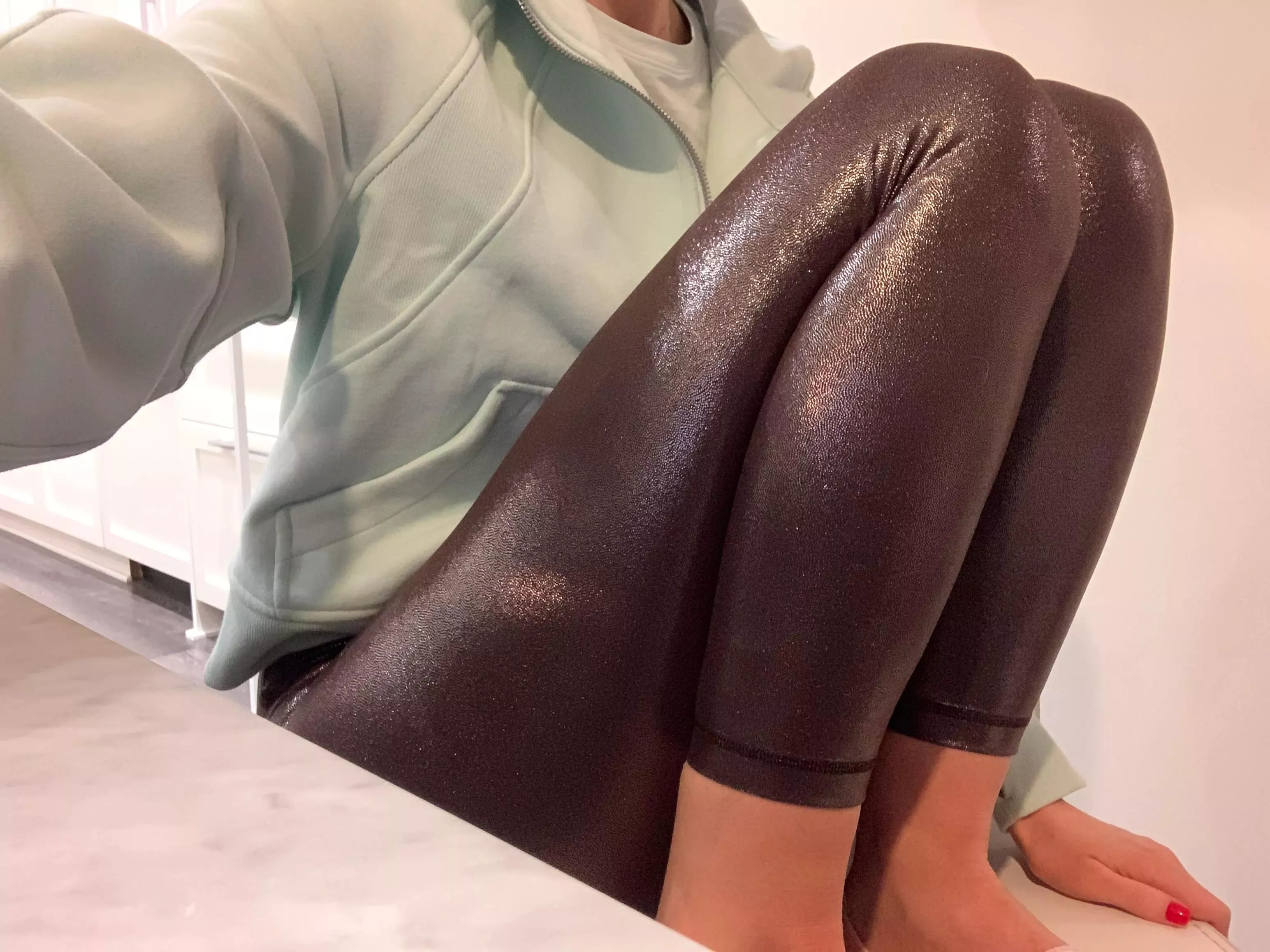 Waiting for you in my shiny Lulu foil leggings 