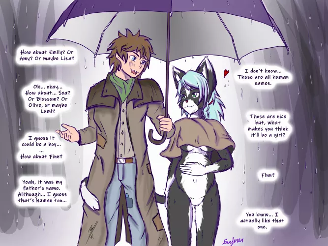 Aerya and Dylandy discuss baby names. The child may not be his, but Dylandy is very excited about being a dad. Art by me, just a quick sketch I threw together.