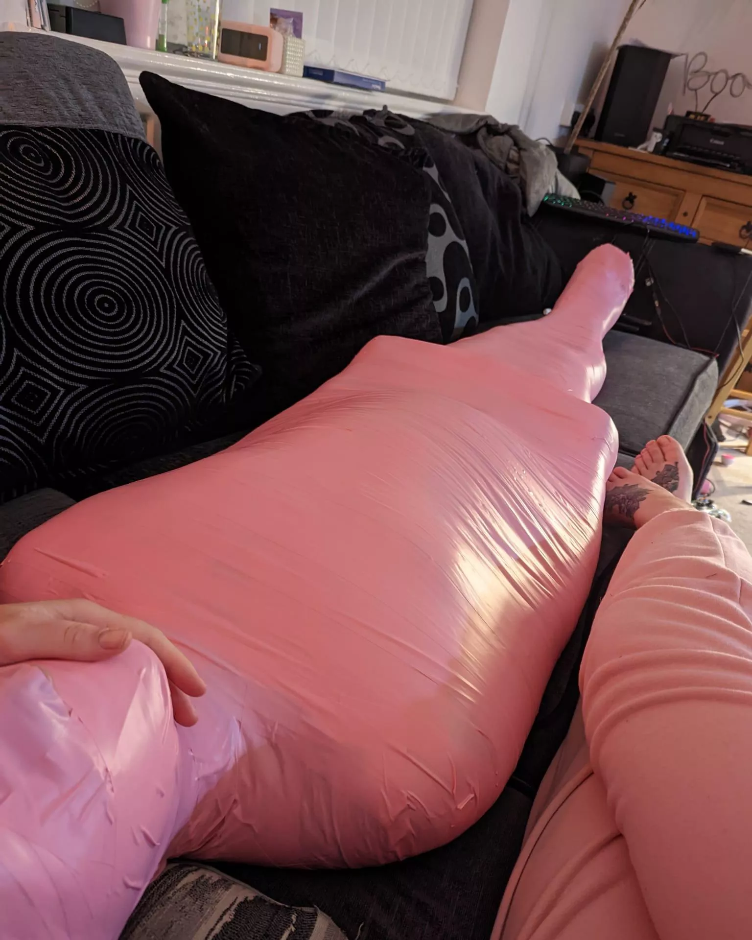 Getting wrapped in pink is cool right? 