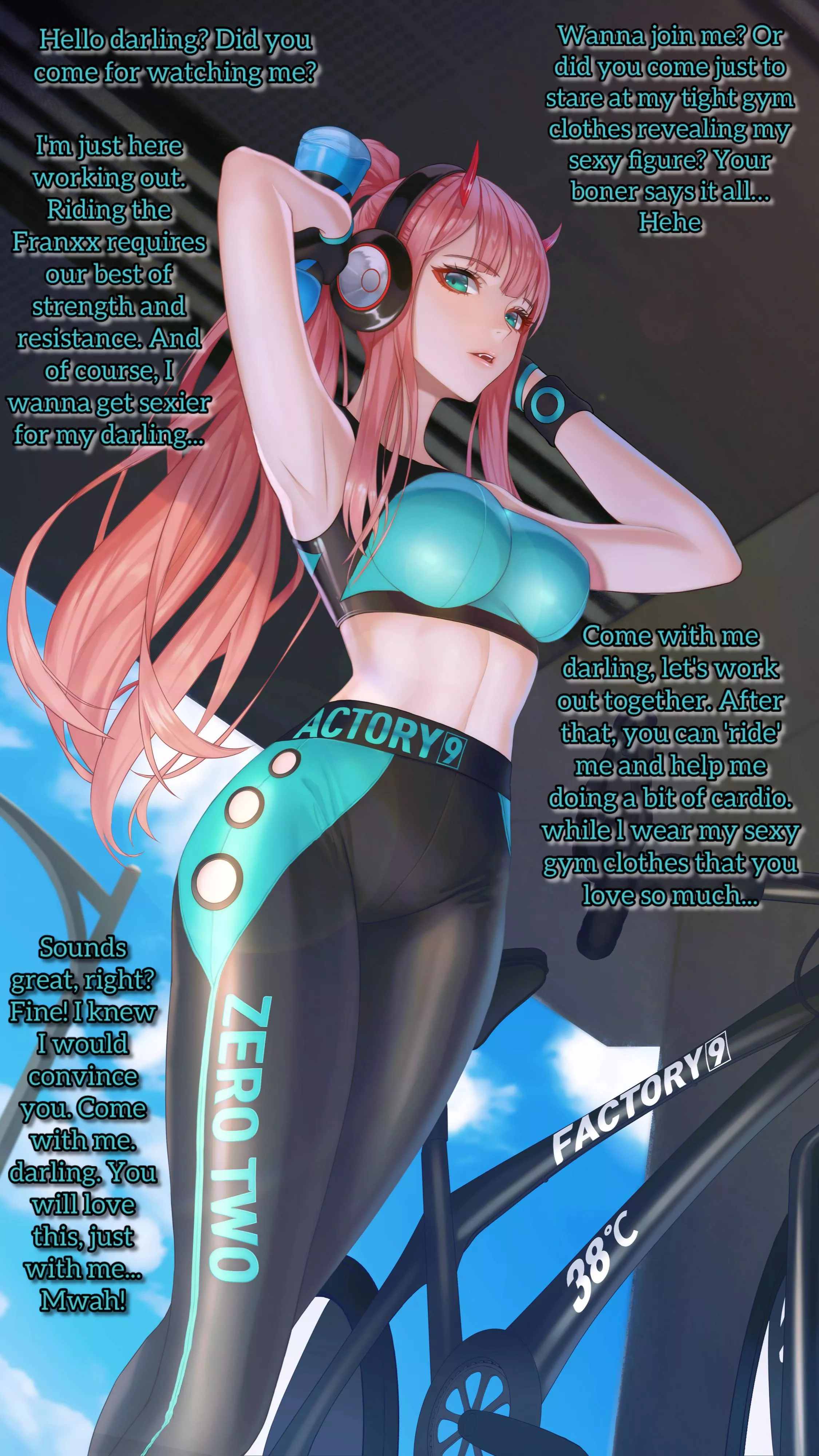 Zero Two starts training! [Non human?] [Monster girl?] [Gym clothes] [Invitation] [Kinky] [Implied sex?] [Loving]