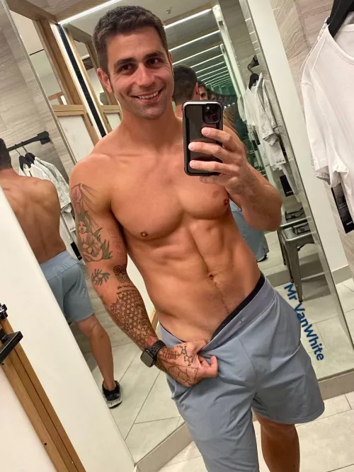 Dad [42] tired today but trying on some new clothes at Lulu.