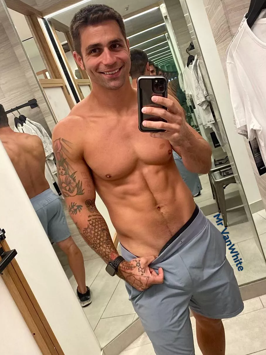 Dad [42] tired today but trying on some new clothes at Lulu.