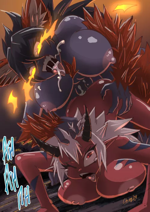 Futa Hellhound x Oni girl coloured