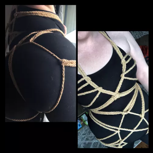 Little front and back of what I worked on today! Different rope but similar style ties to what I’m getting used to!