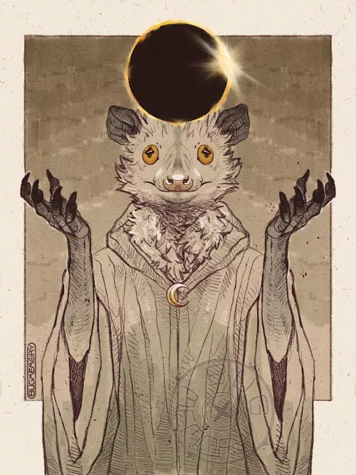 Solar eclipse-themed art of my opossum, Harold [art by me]