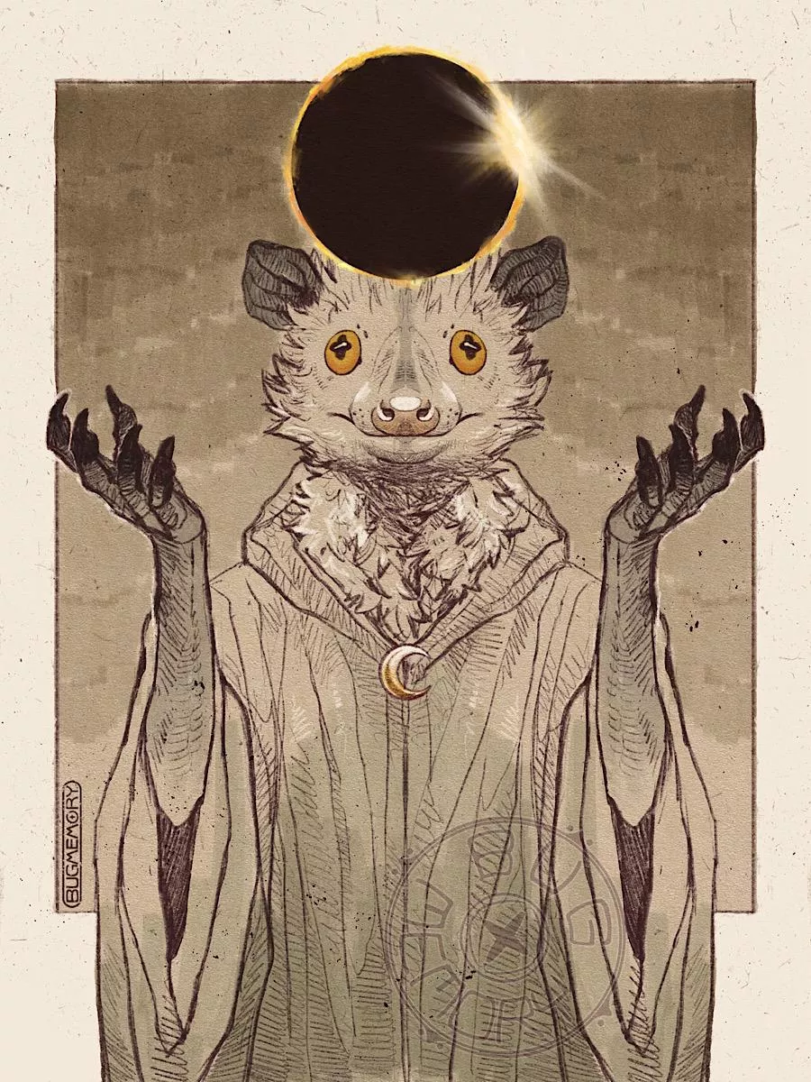 Solar eclipse-themed art of my opossum, Harold [art by me]