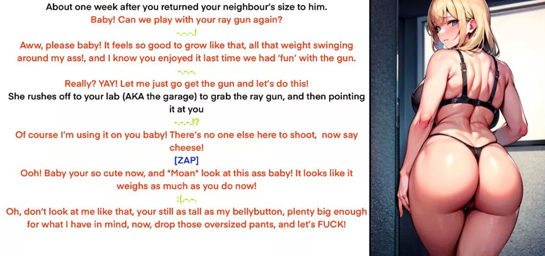 She’s very persuasive [size theft][ass expansion][shrinking POV][ray gun][imminent sex][wife][seduction?][AI generated art]