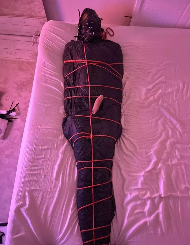 you cum hardest when mistress  is in charge and your in strict bondage , This slut is hooded , gagged ,plugged and has been milked out by mistresses milking wand   once I’ve recaged his clitty he’s sleeping in the bondage bag <3