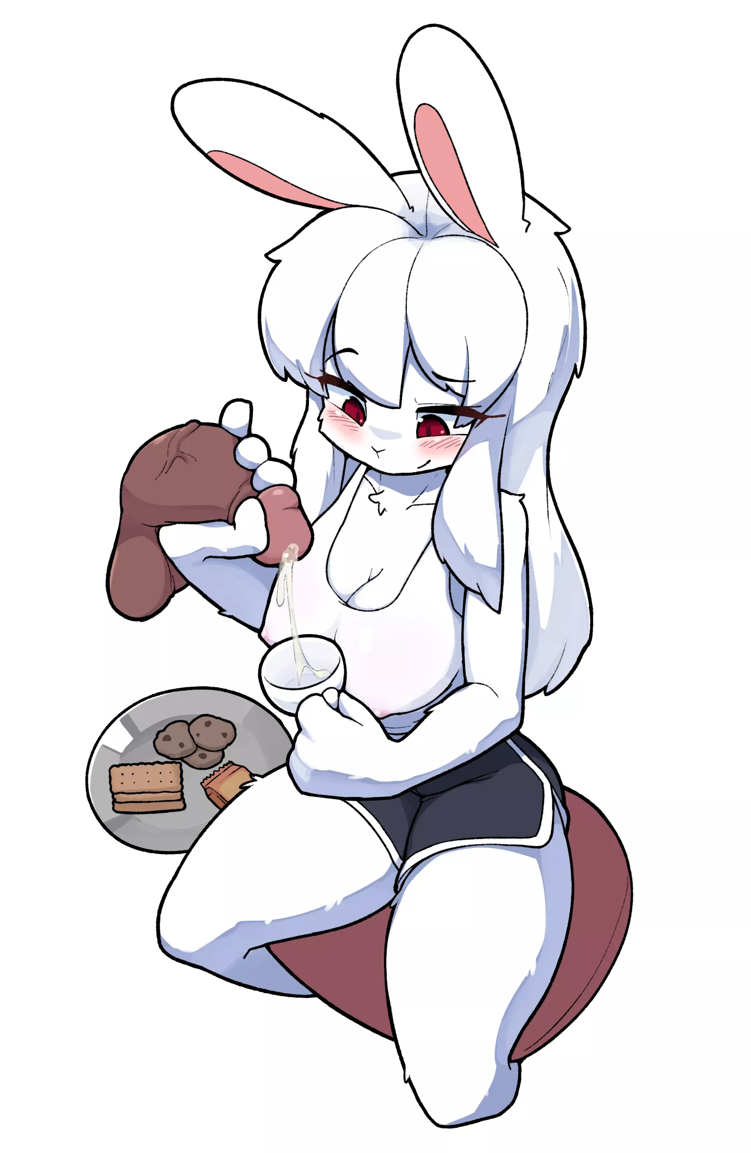 LF Color Source: 1girl, furry, bunny, red eyes, black shorts, sitting, white hair, shirt