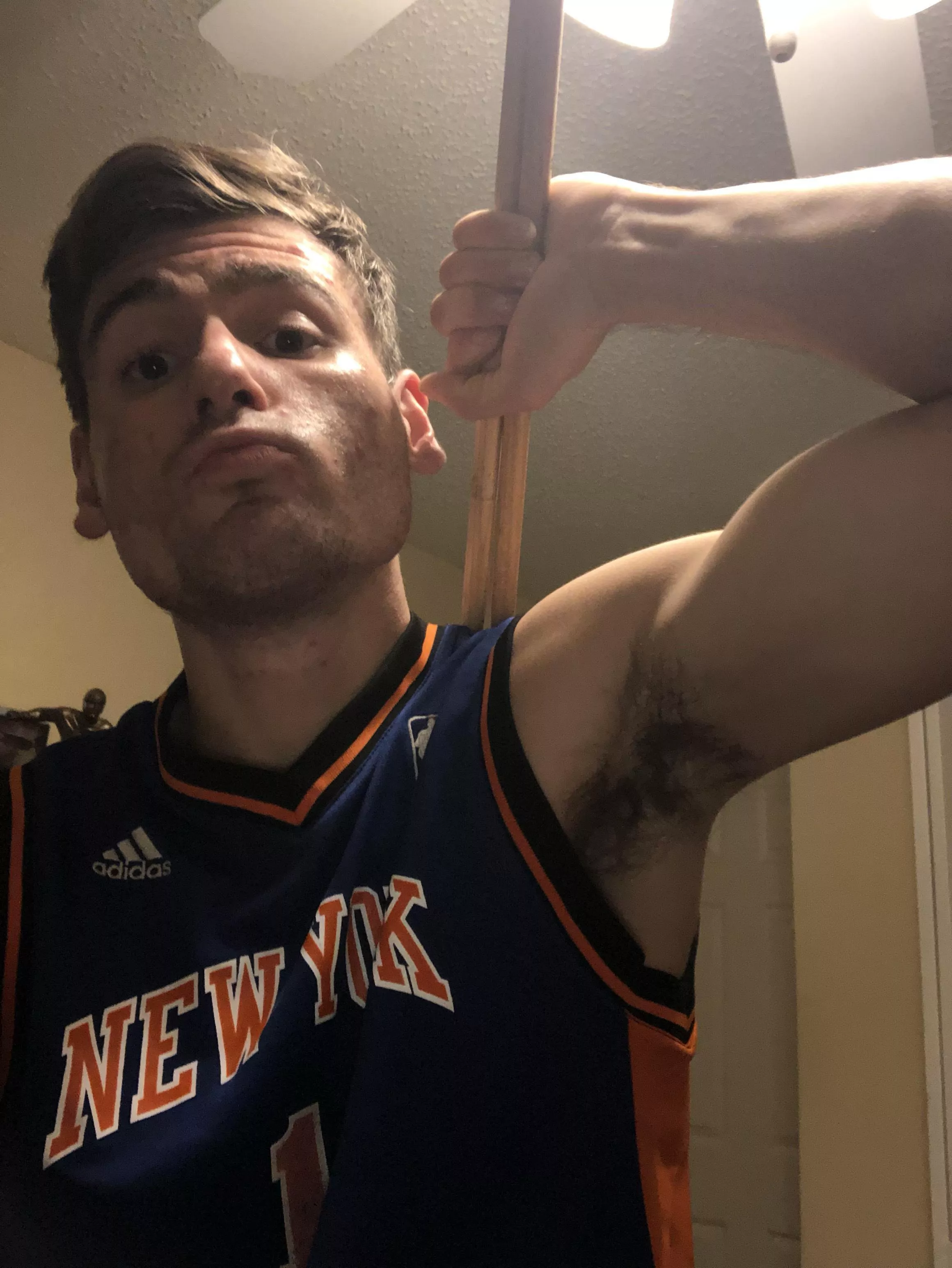 Sexy drummer shows his hairy armpit