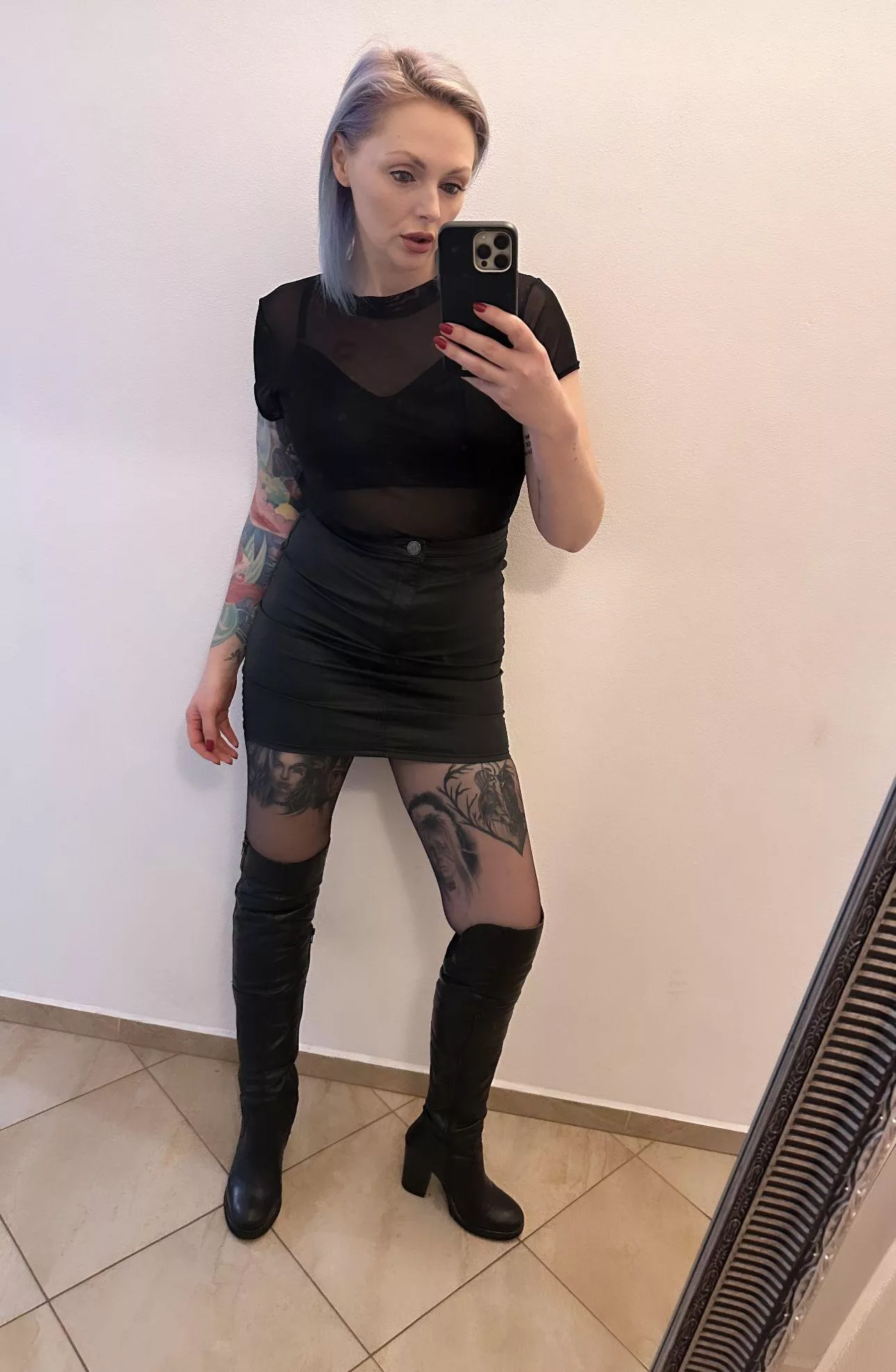 Tight mini skirt and black pantyhose