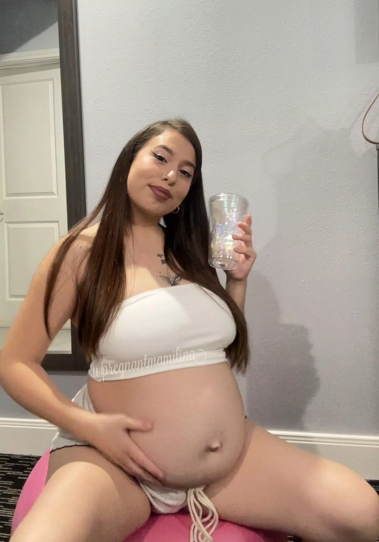 Bouncing on my ball with my bump out 🙈