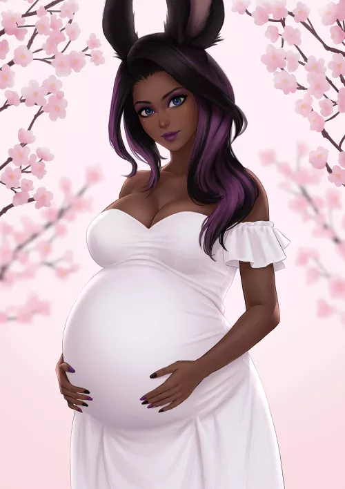 My OC Arna looking wonderfully pregnant in a white dress surrounded by Cherry Blossoms. 😍🥰 Drawn and painted by the very talented umigraphics! Link to his page below. Despite her looking very similar to my OC Iris. They still feel just unique enoug