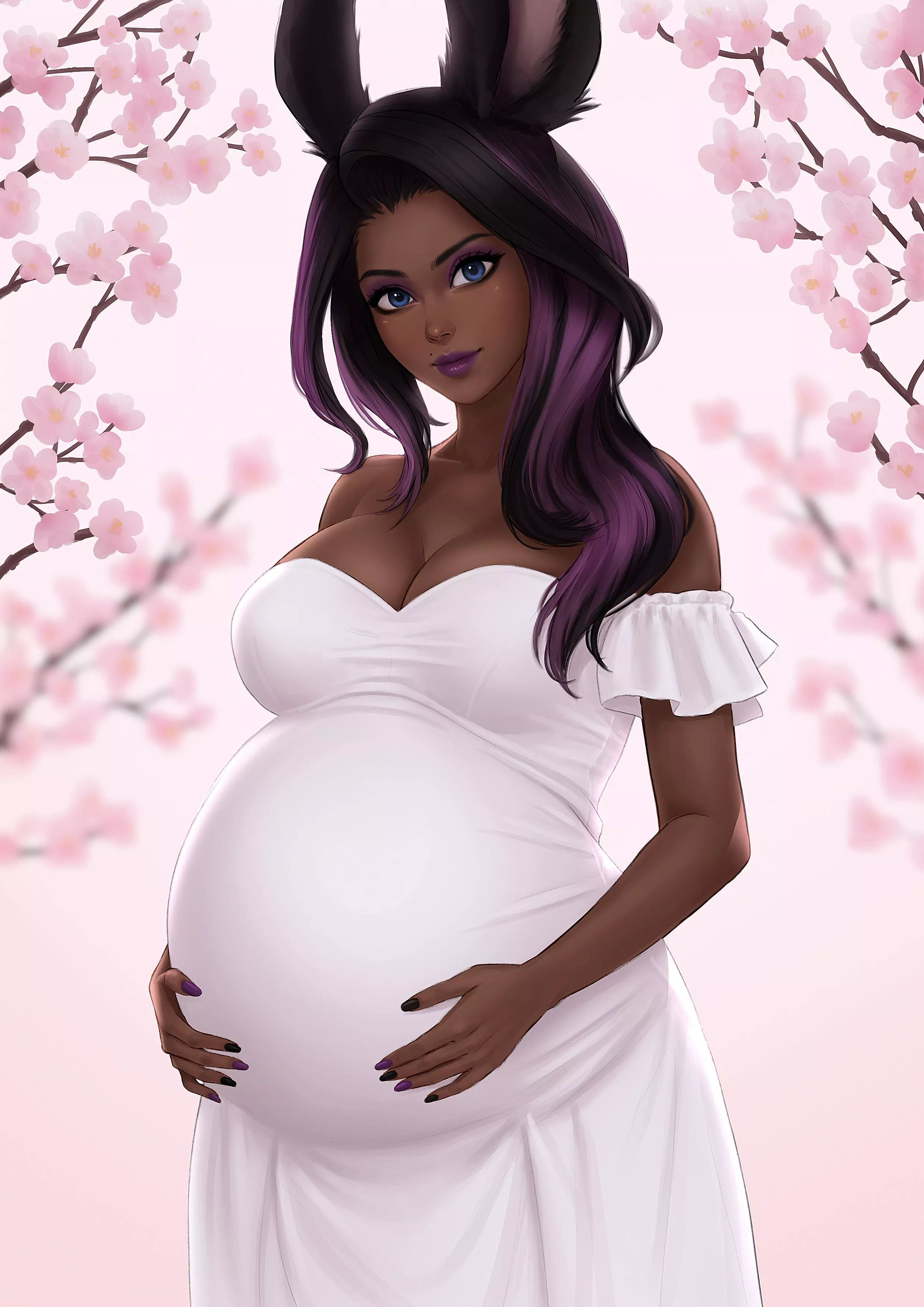 My OC Arna looking wonderfully pregnant in a white dress surrounded by Cherry Blossoms. 😍🥰 Drawn and painted by the very talented umigraphics! Link to his page below. Despite her looking very similar to my OC Iris. They still feel just unique enoug