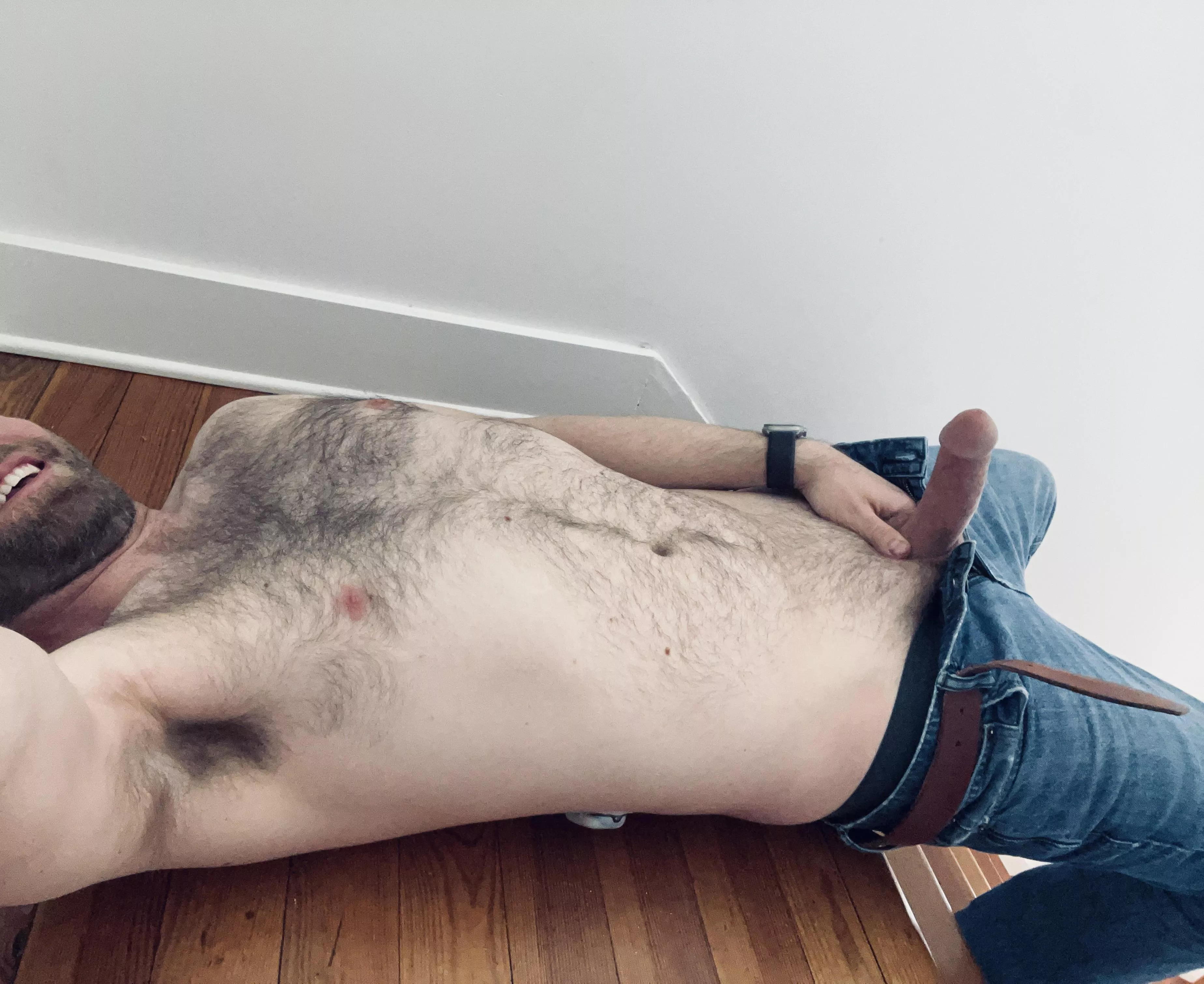 Hairy chest etc at top of stairs. [39]